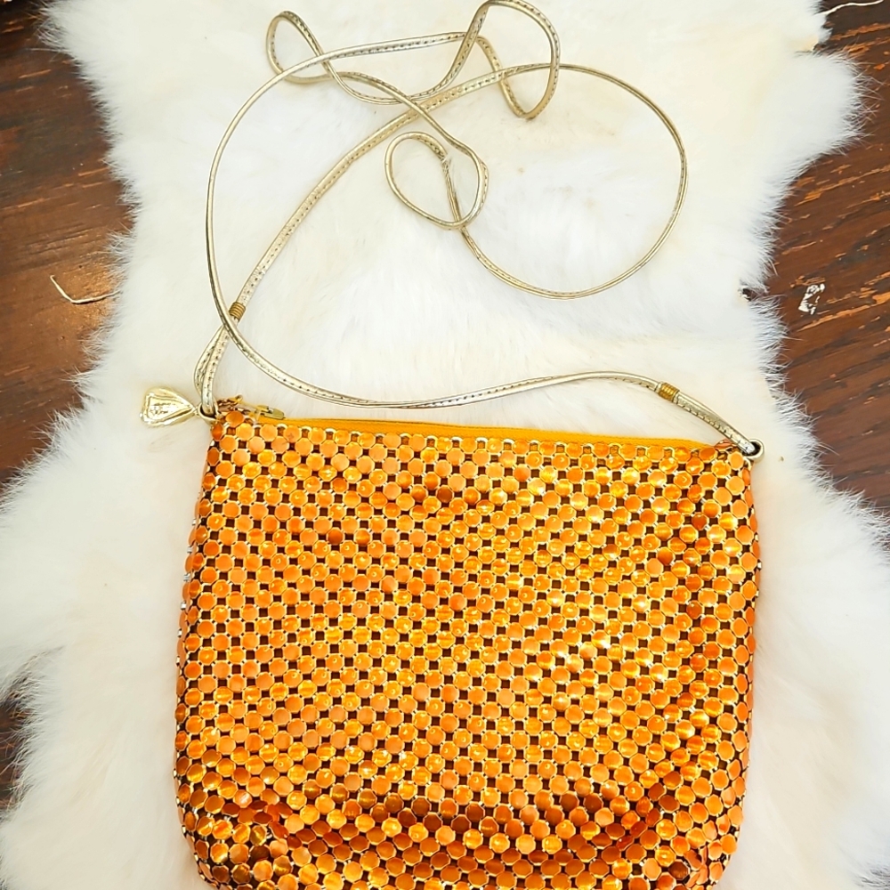 WHITING &‎ DAVIS UT Orange Mesh Bag with Gold Leather Strap Vintage 1950s